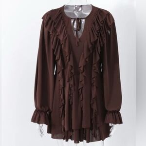 NWT Zara Brown Ruffled Long Sleeve Mini Dress M